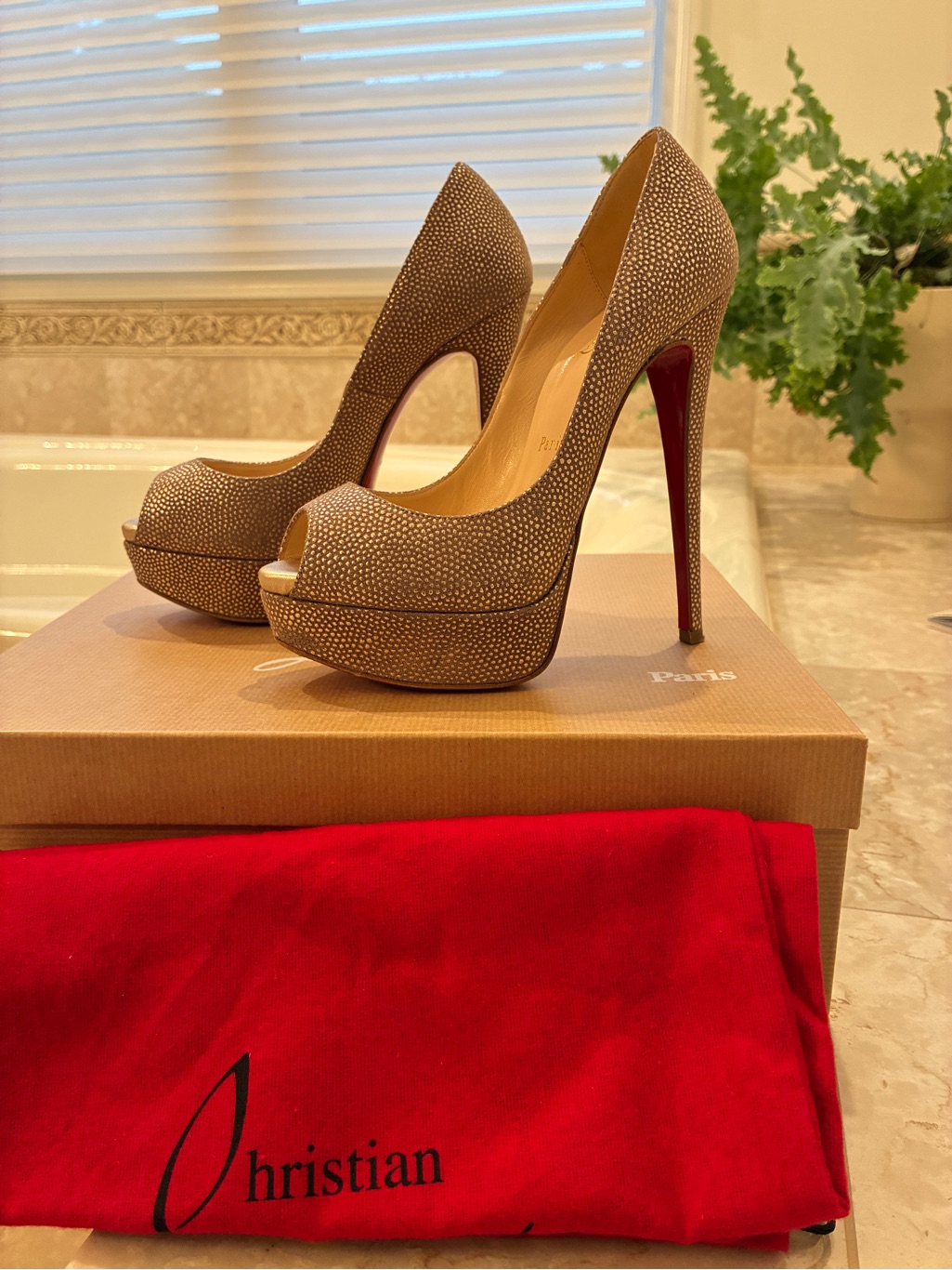 Christian Louboutin Beige Sparkle Peep-Toe Platform Pumps With Red Soles